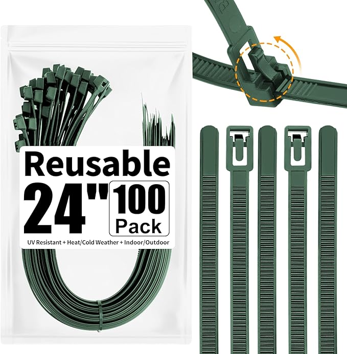 SOOOEC 100 Pack Reusable Zip Ties 24 Inch Extra Long, UV Resistant Releasable Cable Ties, Flexible & Adjustable, Outdoor/Indoor Organizer for Garden, Bike, Hoses, Cords — Dark Green