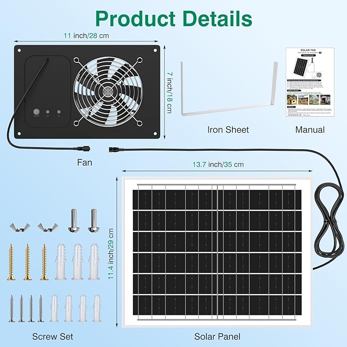 Solar Powered Fan with 15000mAh Battery & Timer, 25W 3500RPM High-Speed Solar Exhaust Fan, Low Noise Waterproof Ventilation for Chicken Coop, Greenhouse, Shed, Pet House & Window