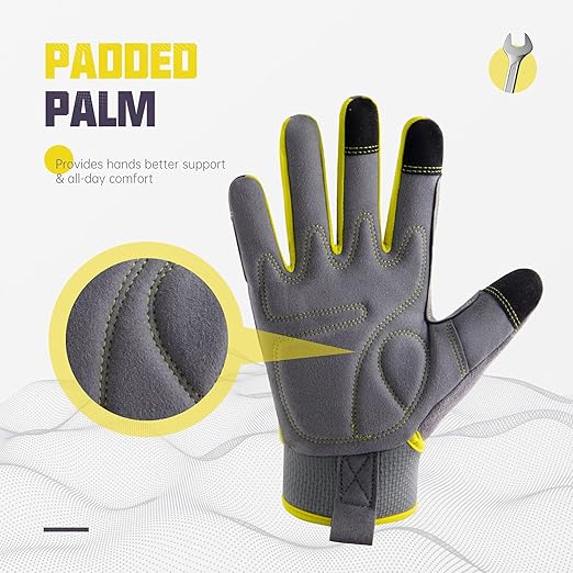 HANDLANDY Work Gloves Mens & Women, Utility Safety Mechanic Working Gloves Touch Screen, Flexible Breathable Yard Work Gloves (Large, Grey&Yellow)