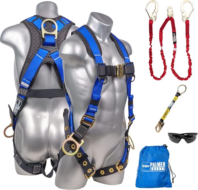 Palmer Safety Fall Protection Safety Harness Kit I Construction Harness + Various Lanyard + D-Ring Extender