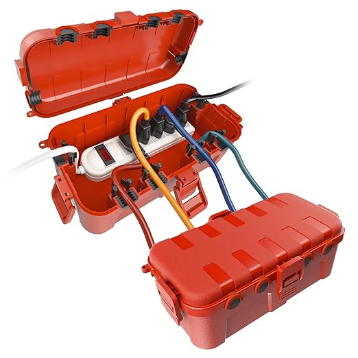 Flemoon [2 Pack] Outdoor Electrical Box Waterproof, Medium Weatherproof Electrical Box (11.5x5.2x4 inch) w/6 Cable Entry Ports, Extension Cord Cover for Power Strip, Timer, Plug, Holiday Light, Red
