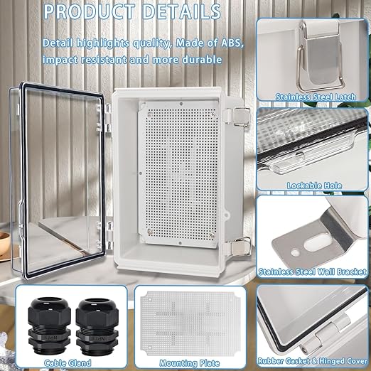 Zulkit Junction Box IP67 Waterproof Electrical Box Hinged Clear Cover Stainless Steel Latch Plastic Enclosure for Project w Mounting Plate Wall Bracket and 2 Cable Gland 11"x7.5"x5.5"/280x190x140mm