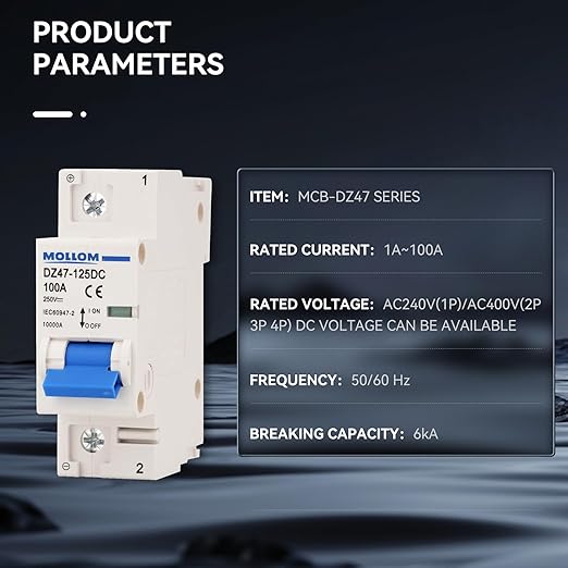 MOLLOM DC 1 Pole Miniature Circuit Breaker, 250V 100Amps, C100 Scene Visualization Custom MCB Thermal Magnetic Trip, 6KA Breaking Capacity DC Disconnect Switch for Solar PV System