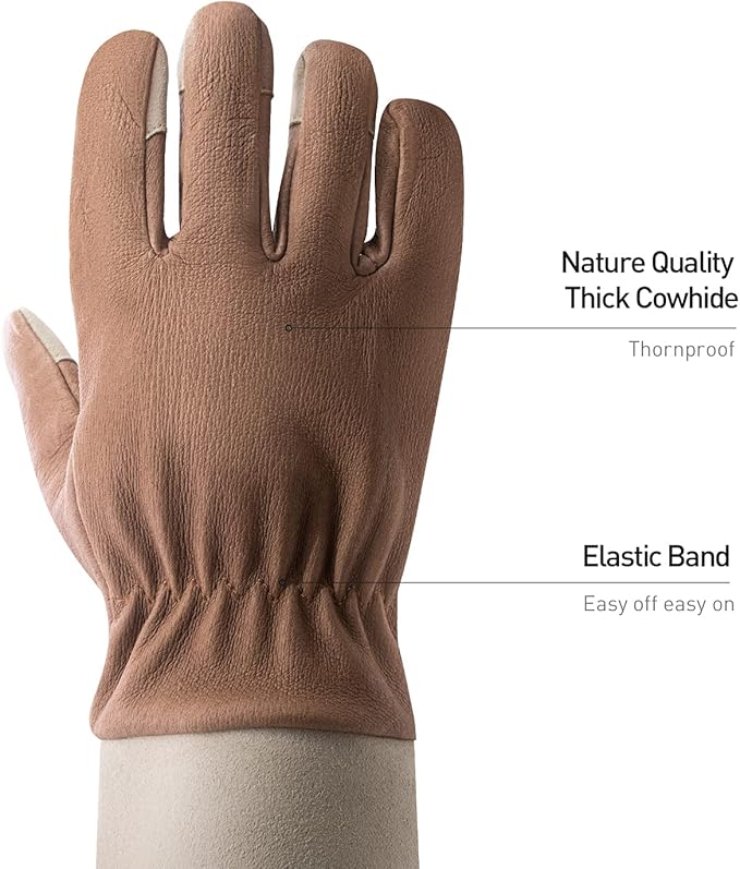 HANDLANDY Long Gardening Gloves for Men & Women, Thorn Proof Rose Pruning Gloves Leather Gauntlets Garden Glove Yard Work Glove (Warm Brown, Small)