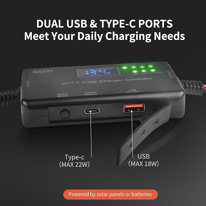MPPT Solar Charge Controller 12V 10A with Battery Clamps,Solar Panel Charge Controller with Type-C and USB Output for Gel, AGM, LiFePO4 Battery