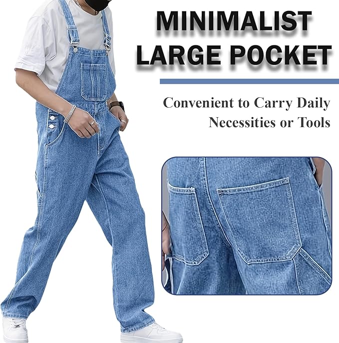 Men's Bib Overall Relaxed Fit Adjustable Strap Denim Work Pants with Large Pockets Durable Comfortable Jumpsuit for Men