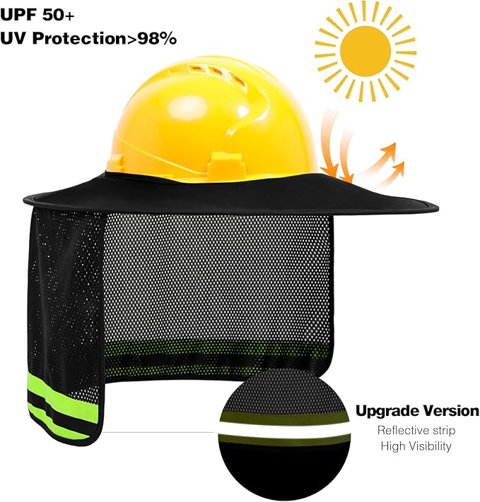 Hard Hat Sun Shade, High Visibility Sun Visor Neck Shade with Reflective Strip, Hard Hat Accessories, Full Brim, Man& Woman (Hard Hat Not Included), Black, 3 Pack