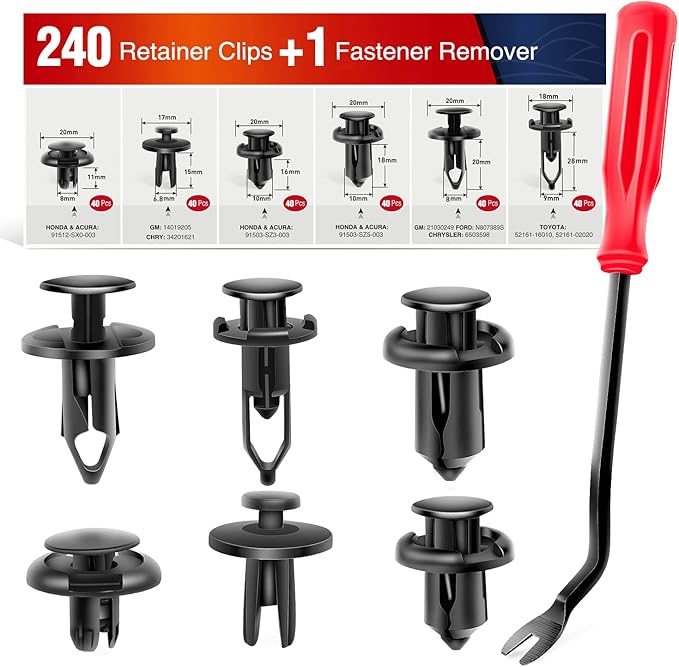 Nilight 240PCS Car Retainer Clips Fastener Remover 6.3mm 8mm 9mm 10mm Expansion Screws Replacement Kit Bumper Push Rivet Clips for GM Ford Toyota Honda Chrysler Bonus Fastener Remover 2 Years Warranty