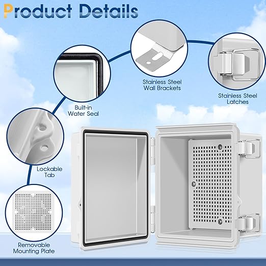 Waterproof Outdoor Project ABS Plastic Junction Box IP67 Weatherproof Dustproof Enclosure with Hinged Cover, Mounting Plate,Wall Brackets for Power Project (5.9"X5.9"X3.5")
