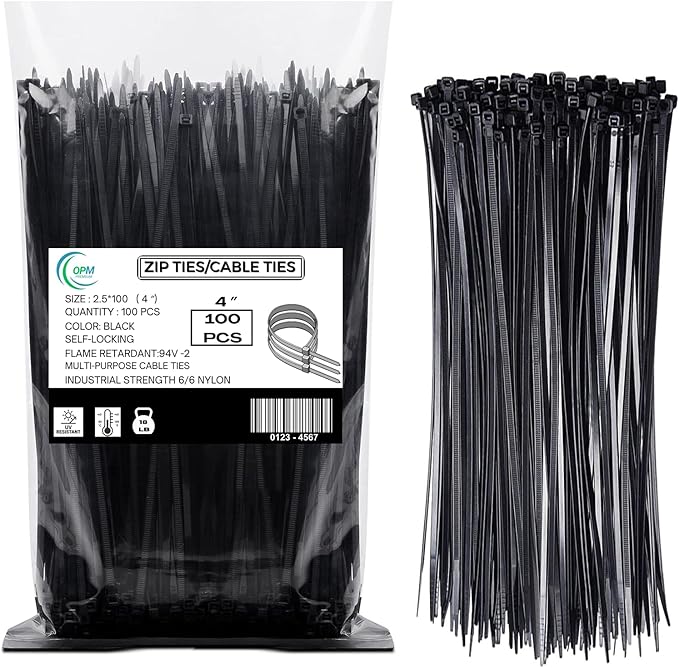 4 Inch Nylon Cable Ties Heavy Duty 18LB | 100 Pack Black Zip Ties UV Resistant | Self-Locking GripLock Wire Ties for Electrical, Automotive, Garden & Home Improvement Cable Management By OPM Premium