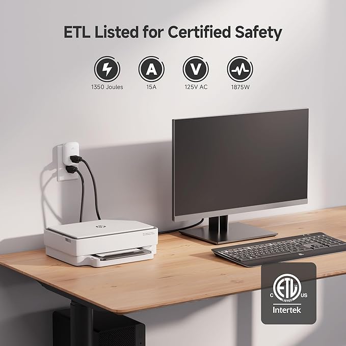 [ETL Listed] Cable Matters 1350 Joules Single Outlet Surge Protector for TV, PC, Xbox, PS5, Refrigerator, Treadmill, 15A/1875W, 500V Clamping Voltage Wall Surge Protector Outlet, White