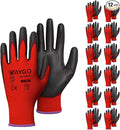 KAYGO Work Gloves for Men and Women,12 Pairs Seamless Knit PU Coated Safety Gloves, with Smooth Grip on Palm and Fingers, Ideal for Light Warehouse, Manufacturing, Gardening, KG11P (XS, Red)