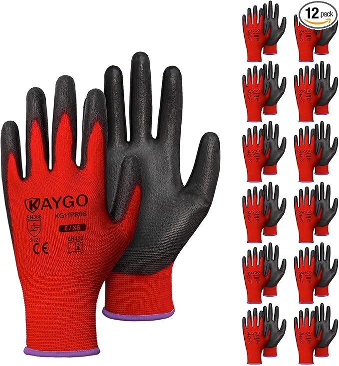 KAYGO Work Gloves for Men and Women,12 Pairs Seamless Knit PU Coated Safety Gloves, with Smooth Grip on Palm and Fingers, Ideal for Light Warehouse, Manufacturing, Gardening, KG11P (XS, Red)