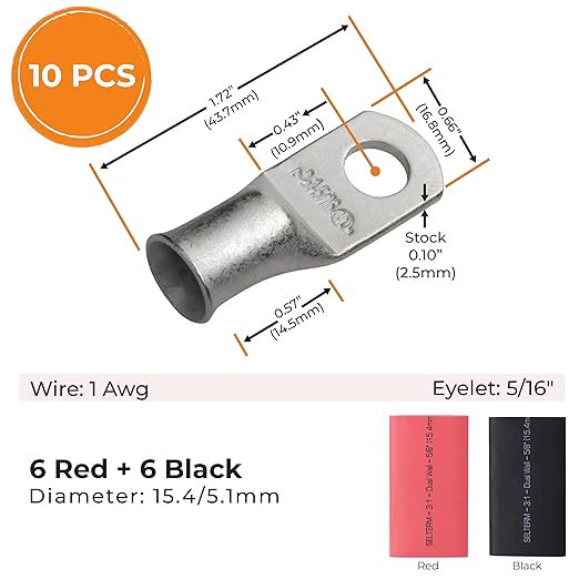 SELTERM 10pcs - 1 Awg - 5/16" Stud - Battery Lugs - Ring Terminal Connectors | with 12pcs 3:1 Black & Red Heat Shrink Tubing with Adhesive | Heavy Duty Battery Cable Ends - Tinned Copper Wire Lugs Kit
