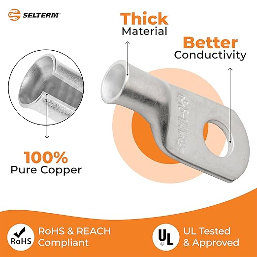 SELTERM 2pcs 8 AWG 1/4" Stud Tinned Copper Wire Lugs, Battery Lugs, Ring Terminals, Battery Cable Ends, 8 Gauge Ring Terminal Connectors, UL Marine Grade Electrical Battery Terminal Connectors