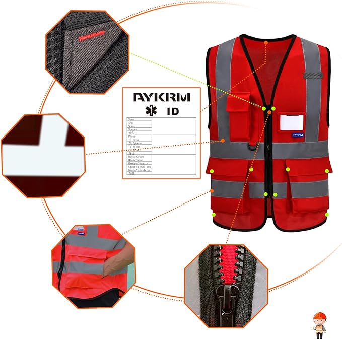 Reflective Security Safety Vests Heavy Duty with 7 Pockets and Front Zipper