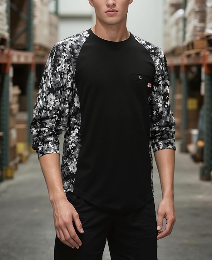 BOCOMAL FR Shirts Crewneck 5.5oz Lightweight Cotton Paisley Camo Two-Tone Flame Resistant Long Sleeve CAT2 Work Shirt