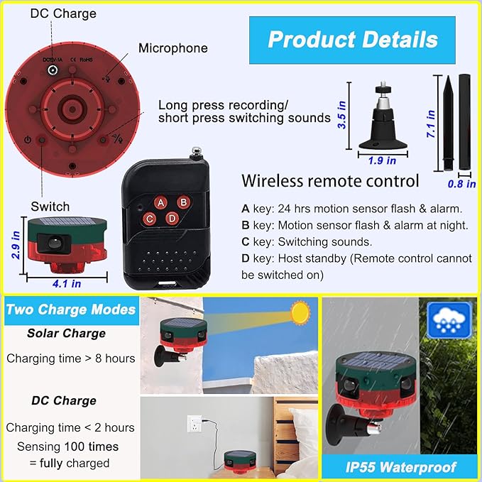 Solar Outdoor Motion Sensor Alarm, 360° Motion Detector Alarm with 130db Security Siren Support Recording, 13 Sounds Dual Modes Solar Alarm Strobe Light for Home & Farm