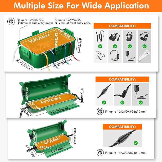 Restmo 2 Pack Mini IP44 Waterproof Outdoor Connection Box with Lockable Latches and Mounting Holes, Weatherproof Extension Cord Safety Cover for Outdoor Plugs, Lights, Cables, Wires, Size Small, Green