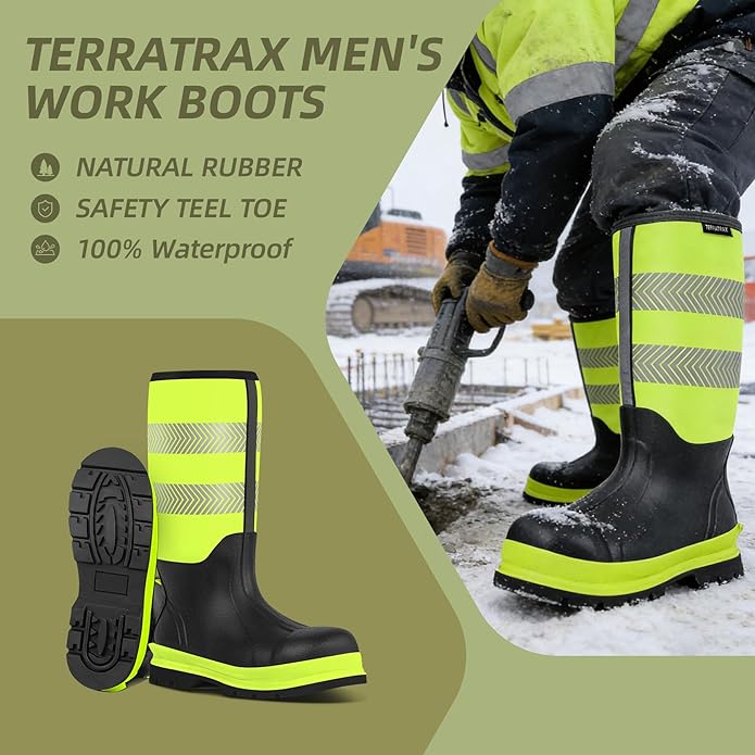 Men's Steel Toe Rubber Work Boots, Waterproof Neoprene Safety Boots with Puncture Proof Midsole - Oil & Chemical Resistant, Reflective High-Vis for Construction, Concrete, Roadwork