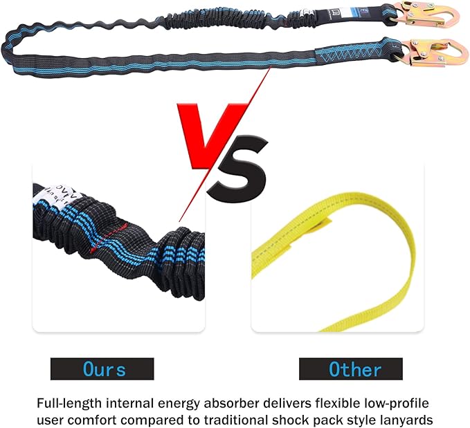 6 FT Safety Harness Lanyard with Double Heavy Duty Snap Hook, Single leg Abrasion Resistant Internal Shock Absorbing Fall Protection Lanyard, Construction Arborist Roofer, OSHA/ANSI Rated
