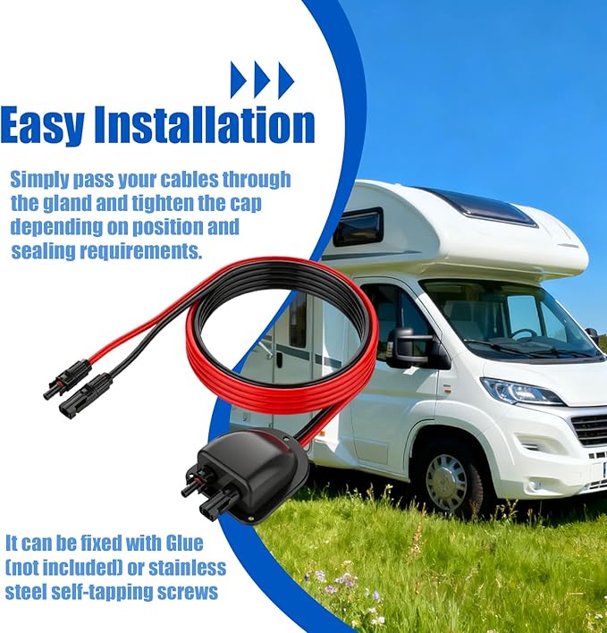 Solar Cable Entry Gland with 10FT 10AWG Solar Extension Cable MC4 Connectors Solar Junction Box Fit for RV Boat Camper & Van Lnstallations Tinned Copper Wire