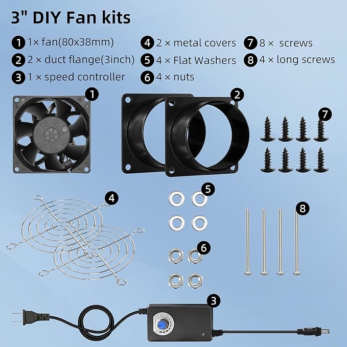 3.15” 12V DC Small Exhaust Duct Fan with Speed Control and 2-Pack 3" Square to Round Duct Flanges for Solder Fume Extractor, Laser Engraver, 3D Printer, Soldering Smoke and DIY Cooling