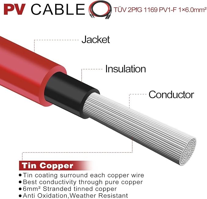 Solar Cables 10Feet 10AWG Solar Extension Cable,6mm² Solar Cable Wire with Female and Male connectors Weatherproof Tinned Copper Extension Cable Wire Adapter Kit (10ft Red + 10ft Black)