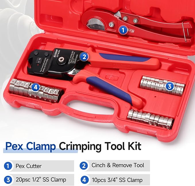 iCrimp One-Hand PEX Pipe Cinch Tool Kit, PEX Crimping Tool with Removing Function for 3/8-1 inch Clamp Rings, with 20PCS 1/2-in, 10PCS 3/4-in PEX Clamps and Pipe Cutter