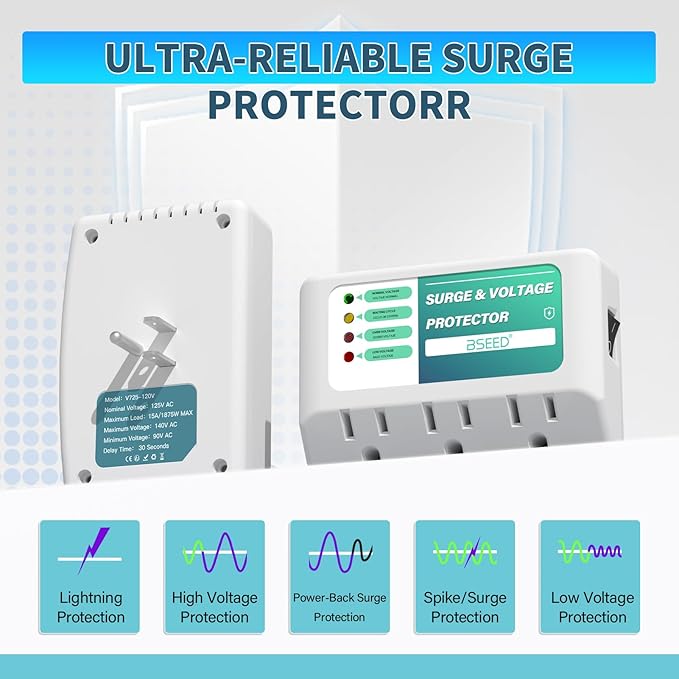 BSEED 3 Outlet Surge Protector for Refrigerator, Voltage Protector with Light Indicators for TV, PC, Washing Machine, and Other Home Appliance, Power Wall Surge Protector, 125V, 1875W, 2 Pack