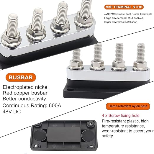 600A Bus Bar Copper 12V-48V, Heavy Duty Module 4 x 3/8" Posts Terminals Busbar Power Distribution Block, DC Battery Buss Bar M10 Negative Ground for RV Solar Car Boat Marine Truck, Black