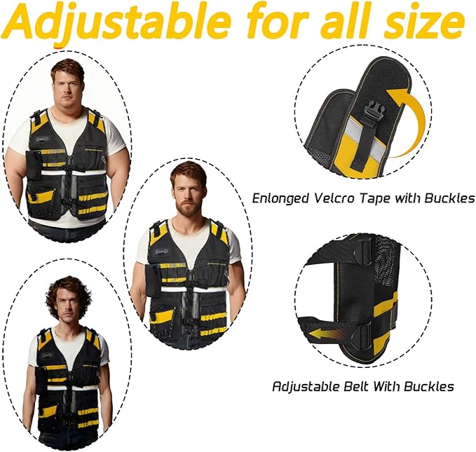 Electrician Tool Vest for Men, Reflective Safety Work Vest with Adjustable Thick Straps, Removable Phone Holder for Electrical, Carpenters, Construction, 22 Pockets
