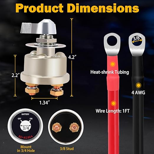 12-48V 200A Master Battery Disconnect Switch & 4 AWG 1FT Battery Cables Set, High Current Battery Power Cutoff Killer Switch for Car Vehicle RV Truck Boat Marine ATV On/Off Battery Isolator Switch