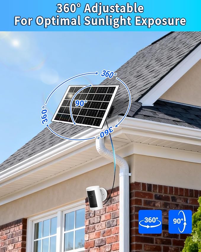 8W Solar Panel for Security Camera, Solar Panel Charger with 5V USB-C/Micro/DC 3.5mm Ports 9.8ft Cable & 360°Integrated Mount, IP65 Solar Panels for Ring/Reolink/Eufy Built-in Battery Camera
