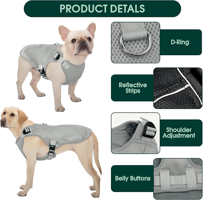 Kuoser Dog Cooling Vest Harness, Small Dog Cooler Jacket with Adjustable Buckle for Outdoor Beach, Hiking, Training Grey S