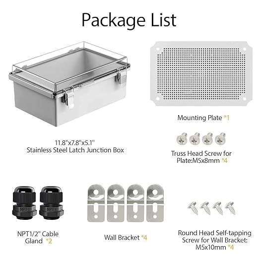 LeMotech Electrical Box, IP67 Waterproof Hinged Clear Cover Stainless Steel Latch Junction Box, ABS Plastic Electrical Enclosure with Mounting Plate,Wall Brackets, Cable Glands,11.8"x7.7"x5.2",Grey