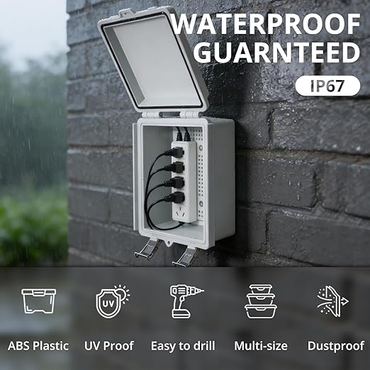 MAKERELE Small Electrical Junction Box Outdoor Weatherproof Gray Shell and IP67 ABS Grade Plastic with Hinged Cover, Mounting Plate,Wall Bracket,Stainless Steel Buckle and 1/4" NPT*2 (5.9"×5.9"×3.5")