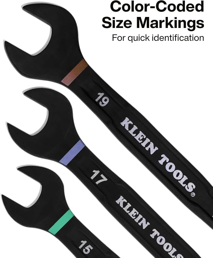 KLEIN TOOLS 69508M Metric Ratcheting Combination Wrench Set, 8-Piece, Slide-Lock 90-Tooth Ratchet, I-Beam Handle, Color-Coded Size Markings, Roll Pouch Storage