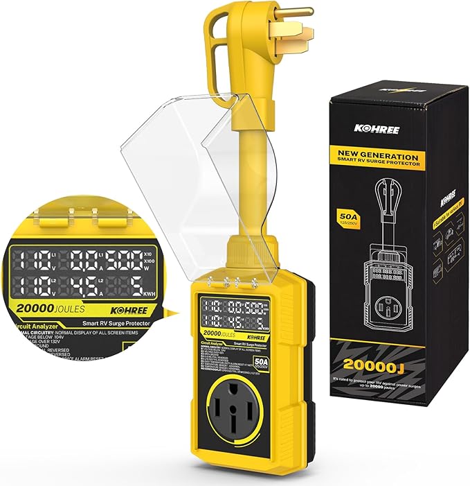 Kohree RV Surge Protector 50 Amp, 20000 Joules RV Power Surge Voltage Protection, RV Adapter Plug with Auto Shut Off LED Large Screen Real-Time Circuit Analyzer for Travel Trailers Camper-50A Yellow