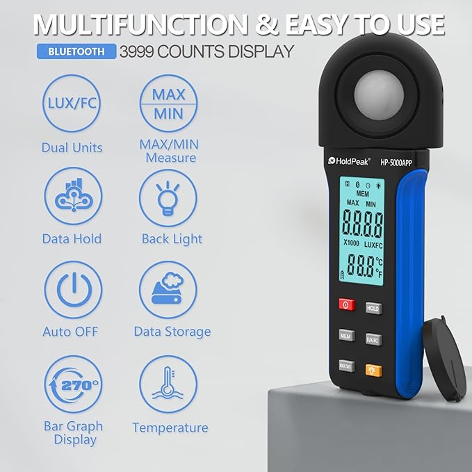 HoldPeak Illuminance Light Meter with Bluetooth, Digital Lux Foot Candles Meter 0.1~400,000 Lux with 270º Rotating Sensor, Lumen Meter Luxmeter for Plants, Car Headlights, Home & Office LEDs