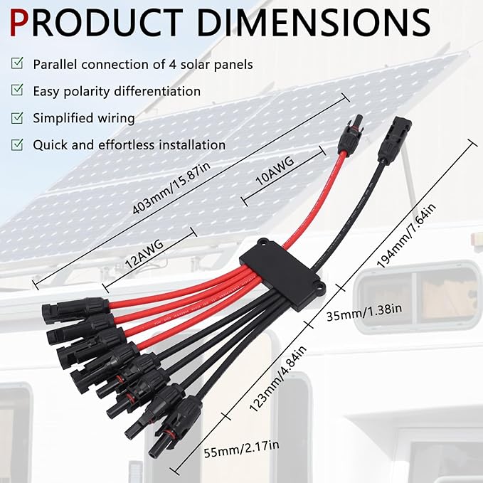 Solar Parallel Connectors for 2-3-4 Solar Panels, Tool-Free MC4 Solar Cable Splitter, Y Branch Solar Panel Splitter, 2 to 8 Solar Parallel Adapter IP68 Waterproof (FMMMM/MFFFF)