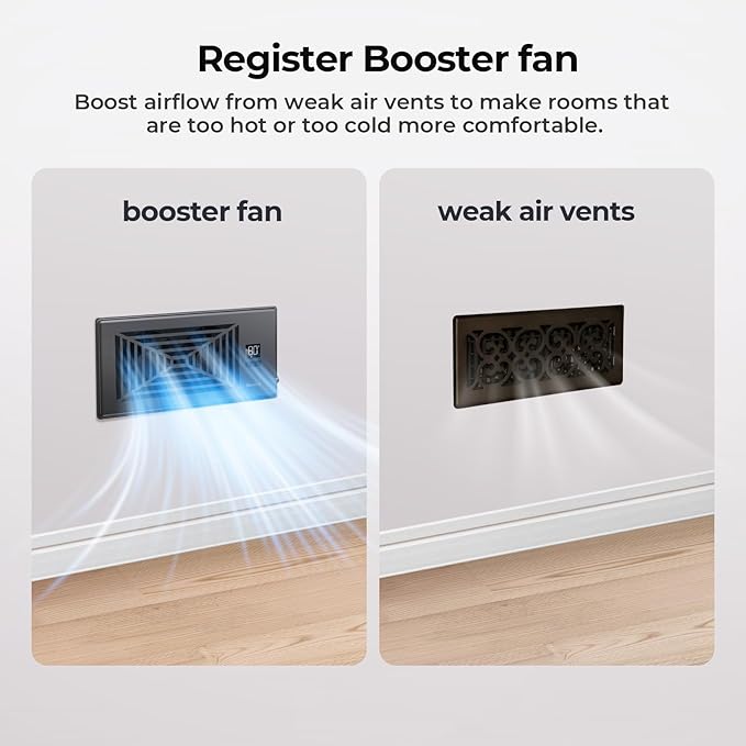 Quiet Register Booster Fan Fits 4" x 10" Register Holes, 10-Speed Smart Heating Cooling AC Vent Fan with Remote Control and Thermostat Control - Black