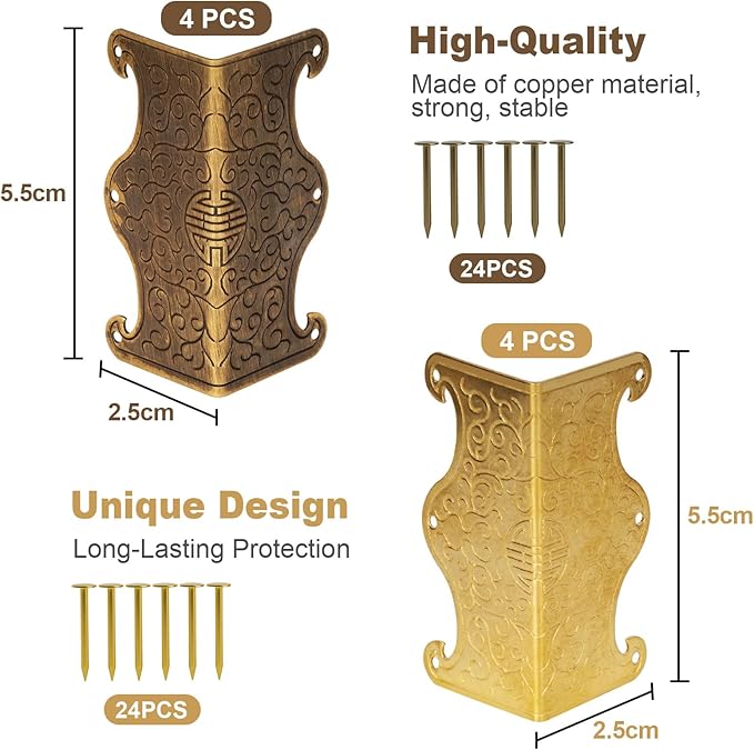 4 Pcs Baseboard Corner Protectors,Vintage Metal Skirting Board Corner Protectors for File Boxes,Bookshelves,Wooden Cases,Jewel Cases Decorative (Gold)