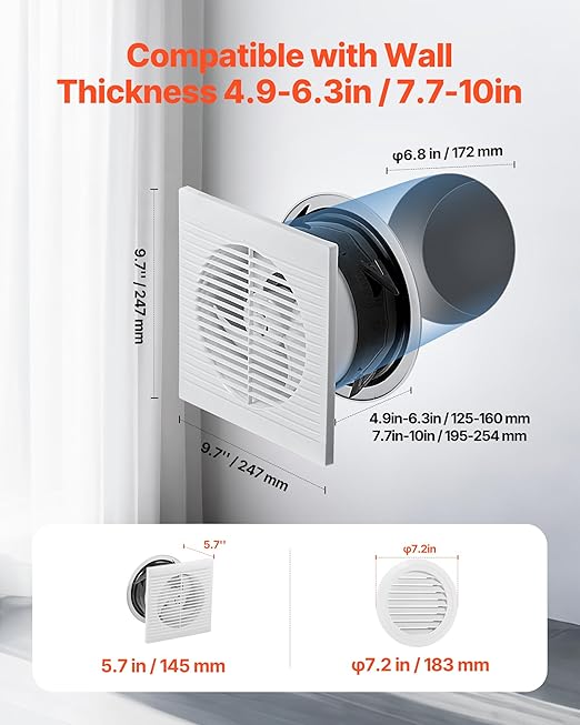 VEVOR Through-the-Wall Ventilation Fan， White Grille, 110 CFM, 6.8" Diameter Exhaust Fan Duct with 10-Inch Retractable Hose for Kitchen, Living & Laundry Room Workshop