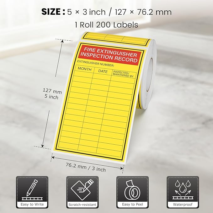 200PCS Fire Extinguisher Inspection Record Label Self Adhesive 5 x 3 Inches Writable Waterproof Coated Paper Monthly Safety Record Stickers for Fire Extinguisher