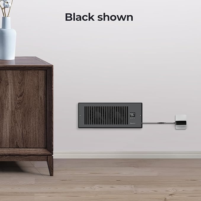 Quiet Register Booster Fan Fits 4" x 12" Register Holes, 10-Speed Smart Heating Cooling AC Vent Fan with Remote Control and Thermostat Control - Black