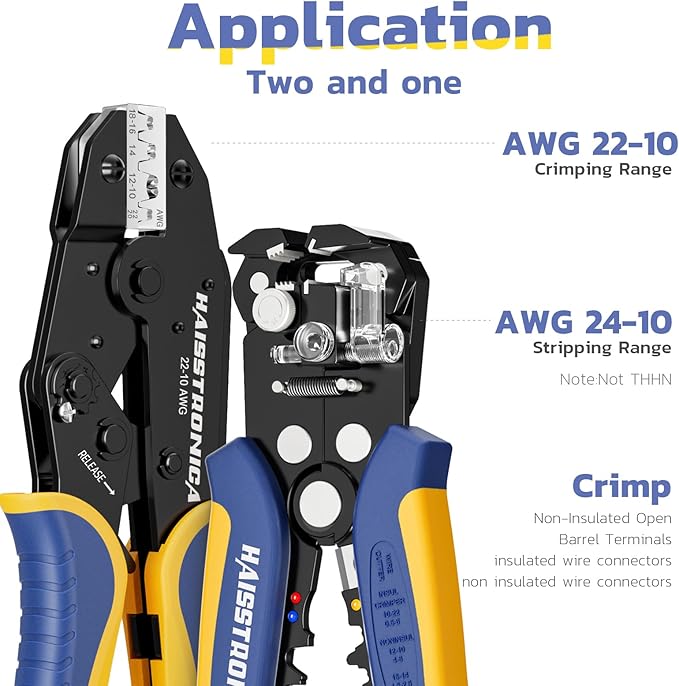 haisstronica Wire Stripper and Crimping Tool,AWG 24-10 Automatic Stripper Tool with AWG 22-10 Ratchet Wire Crimper For Non-Insulated Open Barrel Terminals