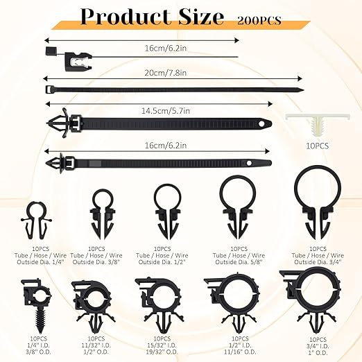 200Pcs Car Wire Loom Routing Clips Assortment, Nylon Car Push Mount Cable Tie Black Push Mount Zip Ties Wire Loom Clips Harness Clip Replacement Parts for Automotive