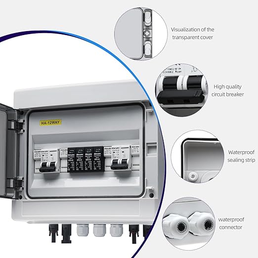 PV Solar Combiner Box,25A 500V Junction Box IP65 Waterproof 2 String 2 in 2 Out PV Combiner Box for Solar Panel
