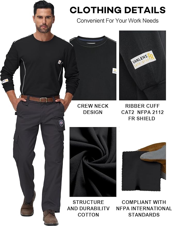 FR Shirts for Men CAT2/HRC2 6.5oz Lightweight Fire Resistant Shirts for Men Long Sleeve Crewneck T-Shirt